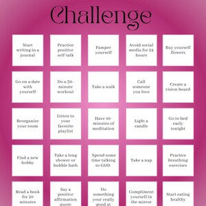 K&ouml;nnte beinhalten: Eine rosa und wei&szlig;e Selbstpflege-Challenge-Tabelle mit 30 t&auml;glichen Aktivit&auml;ten zur F&ouml;rderung des Wohlbefindens. Die Tabelle ist in ein Raster mit 5 Zeilen und 6 Spalten unterteilt. Jedes Feld enth&auml;lt eine andere Selbstpflege-Aktivit&auml;t, wie z. B. einen Spaziergang, Atem&uuml;bungen oder das Schreiben in ein Tagebuch.