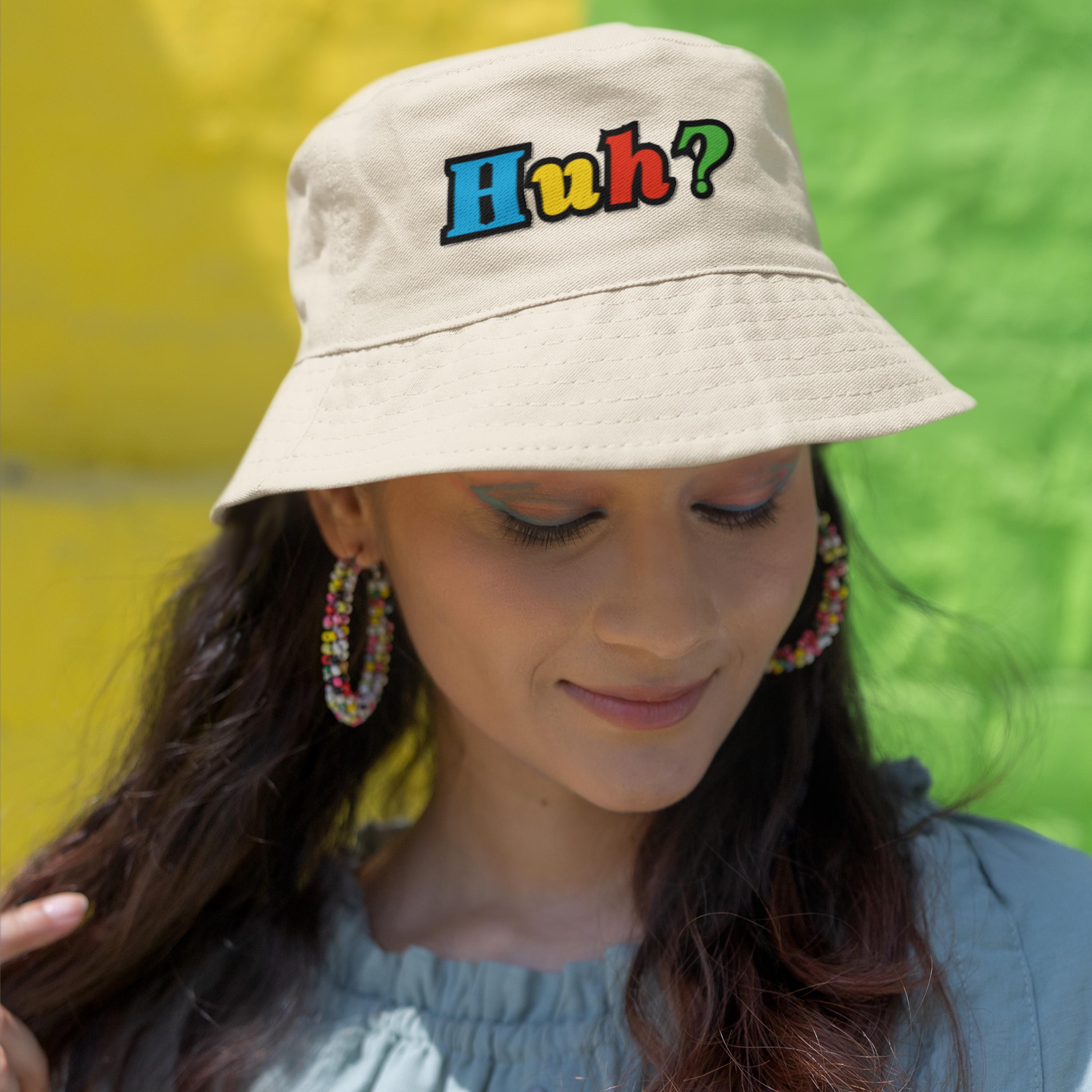 Colorful 'Huh?' Bucket Hat, Trendy Sun Hat, Funny Accessory, Gift for Friends, Beach Wear, Festival Fashion, Vibrant design, Gen-z Vibe