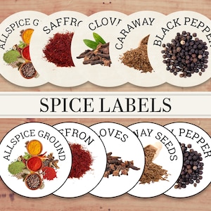 Printable Spice Jar Labels (PNG and PDFs). Set of 36 different Premium, Vintage, Minimalistic White Round Spice Labels. Instant Download.