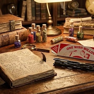 May include: A wooden desk surface featuring several leather-bound books, a magnifying glass, small glass vials filled with colourful contents, a quill pen in an inkwell, and a white box labelled ONE WISH WILLOW with red text and graphics.