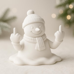May include: A white snowman figurine with a hat, scarf, and gloves, giving the middle finger with both hands. The snowman has a carrot nose and a smiling face. The figurine is a humorous holiday decoration.