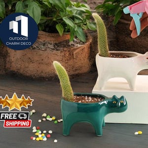 Funny Cat-Shaped Ceramic Planter | Small Plants & Succulents Flowerpot | Cute Animal Home Decor | Unique Desktop and Shelf Display