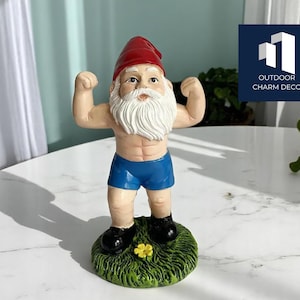 Flexing Muscle Gnome Statue | Creative Funny Garden Sculpture | Whimsical Lawn Display Ornament | Decorative Cute Outdoor Accent
