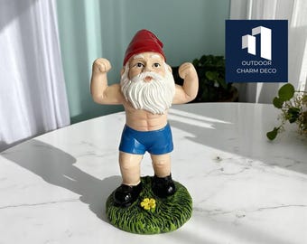Kabouterstandbeeld buigende spier | Creatieve grappige tuinsculptuur | Grillig ornament voor gazonweergave | Decoratief schattig buitenaccent