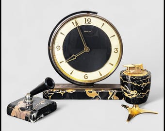 Reloj de escritorio URGOS Art Déco. Reloj recién restaurado. Portaplumas y encendedor.
