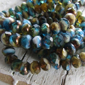 czech rondelle glass beads, faceted mix tone blue capri yellow white , bronze edges 6mm x 9mm (choose quantity)  7ACB2