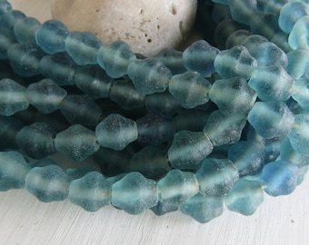 blue recycled glass beads,  bicone saucer shape ,  semi matte frosted irregular , Indonesia java  (8 beads ) 8bb105