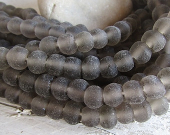 grey  rondelle roundish Recycled glass beads , matte frosted style , irregular 9mm to 11mm dia, Java Indonesia  (16 beads ) 9ab6-9