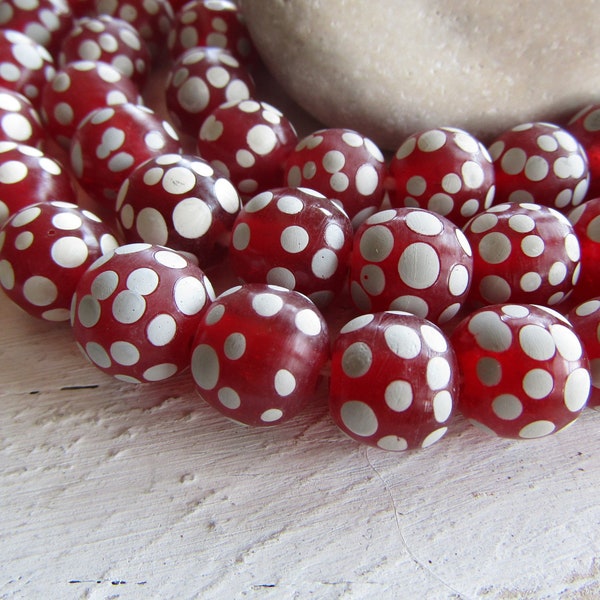 Round lampwork glass beads,  Red and white matte opaque spots designs,  ethnic style Indonesia 11mm to 13mm ( choose quantity ) 9ab23