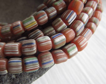 orange glass seed beads, stripe small matte opaque ethnic spacer barrel tube, New Indo-pacific 4mm to 6mm dia(10 in strd)7ab22-1