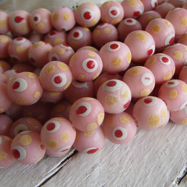 destash pink Round  lampwork glass beads,  patterneddots java Indonesian 8.5mm to 9mm dia (30 beads) 22ab4-1b