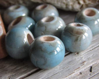 Ceramic beads ,  blue brown  , enamel marble glossy, greek beads 9 to 10mm dia , 3mm hole ( 8 beads) 22ay-bgs-187