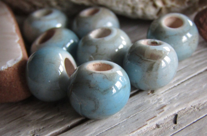 Ceramic beads , blue brown , enamel marble glossy, greek beads 9 to 10mm dia , 3mm hole 8 beads 22ay-bgs-187 image 1