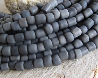 grey glass seed Beads, opaque matte , ethnic tube barrel spacer, java indonesia, New Indo-pacific 5 to 6.4mm dia (22 inch strd) 22ab14-24