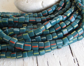 teal Green small glass beads , 4 faces squarish , striped multicolored , Indonesia Java ,  5mm to 6mm dia ( 22 inches strand )  22ab23-4