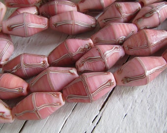 destash pink lampwork glass beads, French cross pattern , ethnic Java Indonesian 24 to 27mm long ( 14 beads) 22ab7-1
