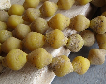 Yellow  lampwork glass beads, rustic Bicone matte textured aged , Java  indonesian , 15mm to 17mm long  (6 beads ) 23ab34-3