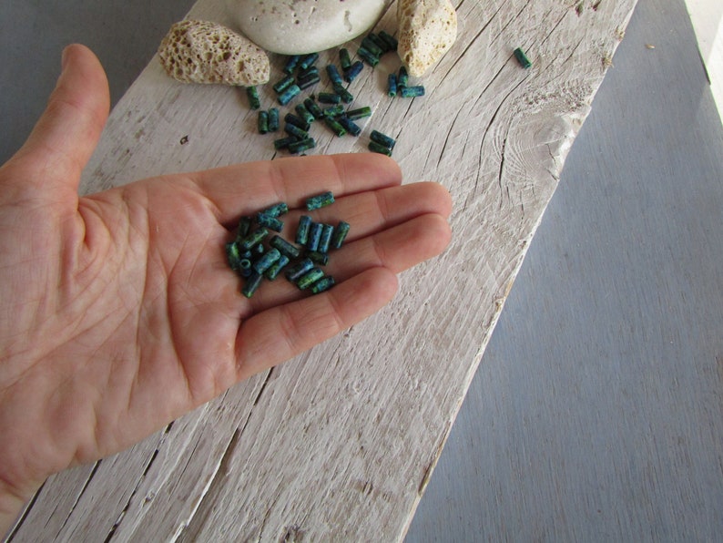 ceramic tube beads, blue green speckled tone, small spacer 3.5mm dia x 9 to 10mm, 1mm hole 50 beads 21Ay-S2m-1204 image 4