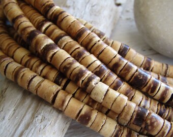 beige Brown Coconut Beads , Tiger Rondelle heishi discs,   exotic natural supplies  2mm to 5 mm x 5 mm dia  ( 20 inches strand ) 20ab43