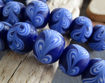round blue lampwork glass beads, opaque matte  pattern, Java  Indonesia 11mm to 13mm dia , 2mm hole  ( 8 beads) 20ab10-2