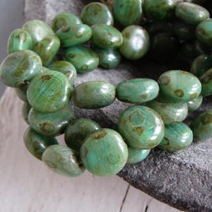 Coin czech glass beads,  green picasso shine , lentil  ,  10mm (15 beads) 24acz -29