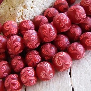round red lampwork glass beads, opaque matte  pattern, Java  Indonesia 11mm to 13mm dia , 2mm hole  ( 8 beads) 24ab35