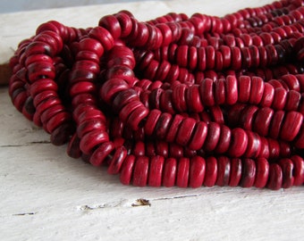Red Carmine coconut beads, small rondelles beads, heishi discs red spacer exotic beads 7 to 8mm  diameter ( 12 inches strand  ) 20ab3-7