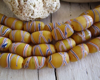 yellow lampwork tube glass beads,  patterned ethnic Indonesia  7.5 to 9mm dia x 13 to 15mm long (8 beads) 23ab40-2