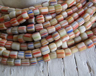 white multicolored glass seed beads, striped small  spacer barrel tube, New Indo-pacific  4mm to 6mm dia (22 inches strd ) 23ab27-13