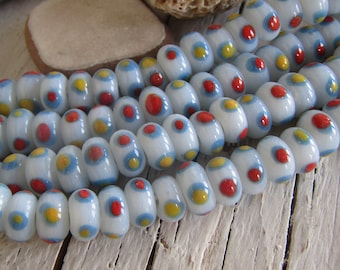 small rondelle lampwork glass beads, Blue patterned with dots,  Ethnic  java Indonesian 8mm to 9.4mm dia (30 beads) 22ab3-9