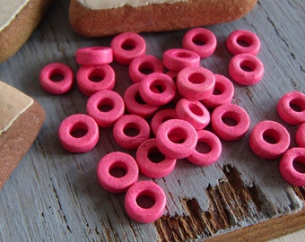 bright pink  ceramic rondelle beads, matte opaque , small spacer discs washers, 6mm x 2mm, with  2.5mm hole ( 50 beads ) 0asrmm-1049