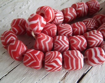 Red white striped glass bead, tube barrel , chevron indonesia Java , 9.5mm to 11mm dia  (8 beads) 22ab6-6