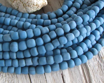 blue glass seed bead, rustic opaque matte, barrel tube spacer, Java indonesian 5mm to 7mm dia, New indo-pacific (22 inches) 22ab14-29