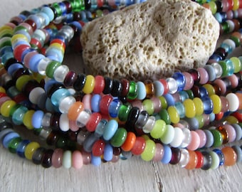 Rondelle lampwork glass beads, small spacer discs, multicolored mix, indonesian  5.5mm to 7mm dia (22 inch strand ) 23ab23