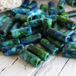 ceramic tube beads, blue green speckled tone, small spacer 3.5mm dia x 9 to 10mm, 1mm hole 50 beads 21Ay-S2m-1204 image 1