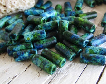 ceramic tube beads, blue green speckled tone, small spacer 3.5mm dia x 9 to 10mm, 1mm hole ( 50 beads) 21Ay-S2m-1204