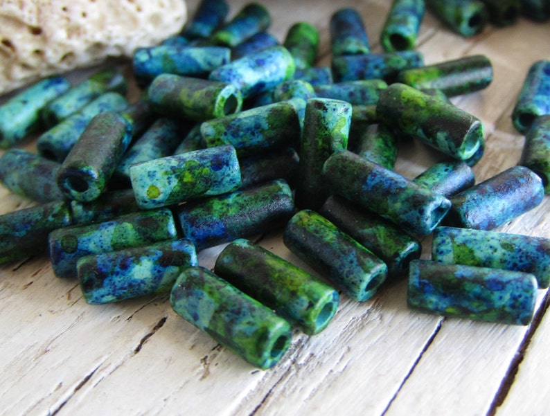 ceramic tube beads, blue green speckled tone, small spacer 3.5mm dia x 9 to 10mm, 1mm hole 50 beads 21Ay-S2m-1204 image 1