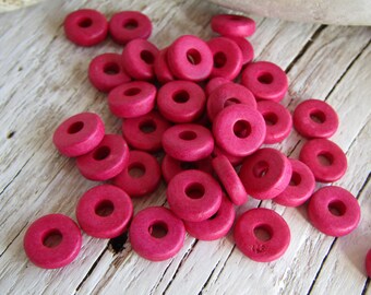 50 pink rondelle Ceramic beads, dark magenta opaque, small Spacer discs,  8mm diameter (50 bead) 21Ay-R3-1047