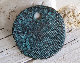 large round rustic Pendant,  Green patina finish , rustic textured coin 47mm x 49mm (1 pc) 21ay6166