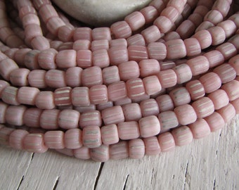 pink white glass seed beads, striped small matte ethnic spacer barrel tube, New Indo-pacific  4mm to 6mm dia (22 inches strd ) 23ab27-11