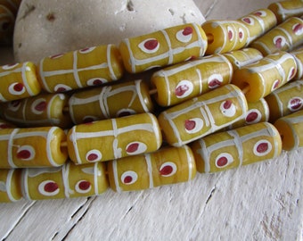 Yellow lampwork tube glass beads,  patterned , opaque , ethnic Java  Indonesian 10 - 11mm dia  x 23mm to 25mm long (4 beads) 23ab46-5