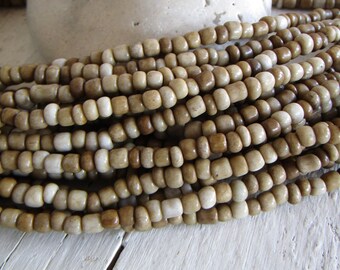 rustic beige glass seed beads, brown cream opaque tone , rondelle barrel tube organic Indonesian 3mm to 5mm dia (44 inches ) 24ab2-7