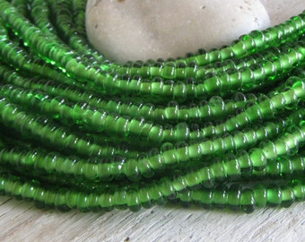 green rondelle lampwork Glass beads, small glossy, disc washer Spacer Indonesian 6mm to 7mm dia (20 inches) 22ab1-15