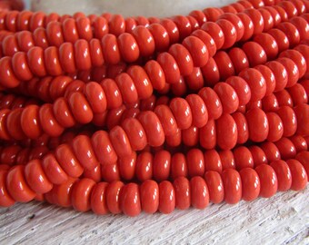 red Orange rondelle lampwork Glass beads, small opaque glossy, disc washer Spacer Indonesian 6mm to 7mm dia (20 inches) 22ab1-5