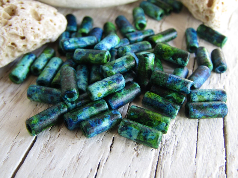 ceramic tube beads, blue green speckled tone, small spacer 3.5mm dia x 9 to 10mm, 1mm hole 50 beads 21Ay-S2m-1204 image 5