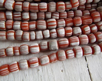 orange white glass seed beads, striped small matte ethnic spacer barrel tube, New Indo-pacific  4mm to 6mm dia (22 inches strd ) 23ab27-8