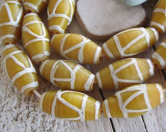 yellow ochre lampwork tube glass beads, ethnic patterned,  Indonesia 11.5mm to 13mm dia x 24.5mm to 29mm long (4 beads) 22ab19-2
