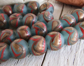 round lampwork glass beads,  blue  with bronze patterned, Java Indonesia, 11mm to 12mm dia , 2mm hole ( 8 beads) 20bb15