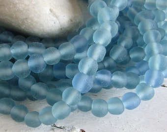 blue  recycled glass beads , irregular round, semi matte frosted style finish,  7mm to 9mm  dia x  6mm to 8mm ( choose qty ) 9ab6-2