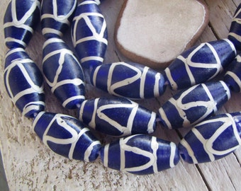 blue lampwork tube glass beads, ethnic patterned,  Indonesia 11.5mm to 13mm dia x 24.5mm to 29mm long (4 beads) 22ab19-10